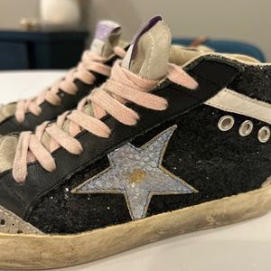Golden Goose. Black/grey mid-rise high tops. Black sequin, pink laces.
